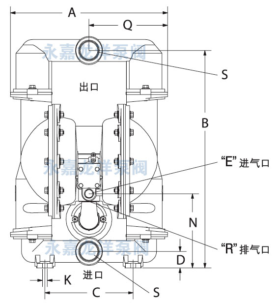 2寸英格索兰气动隔膜泵尺寸图1